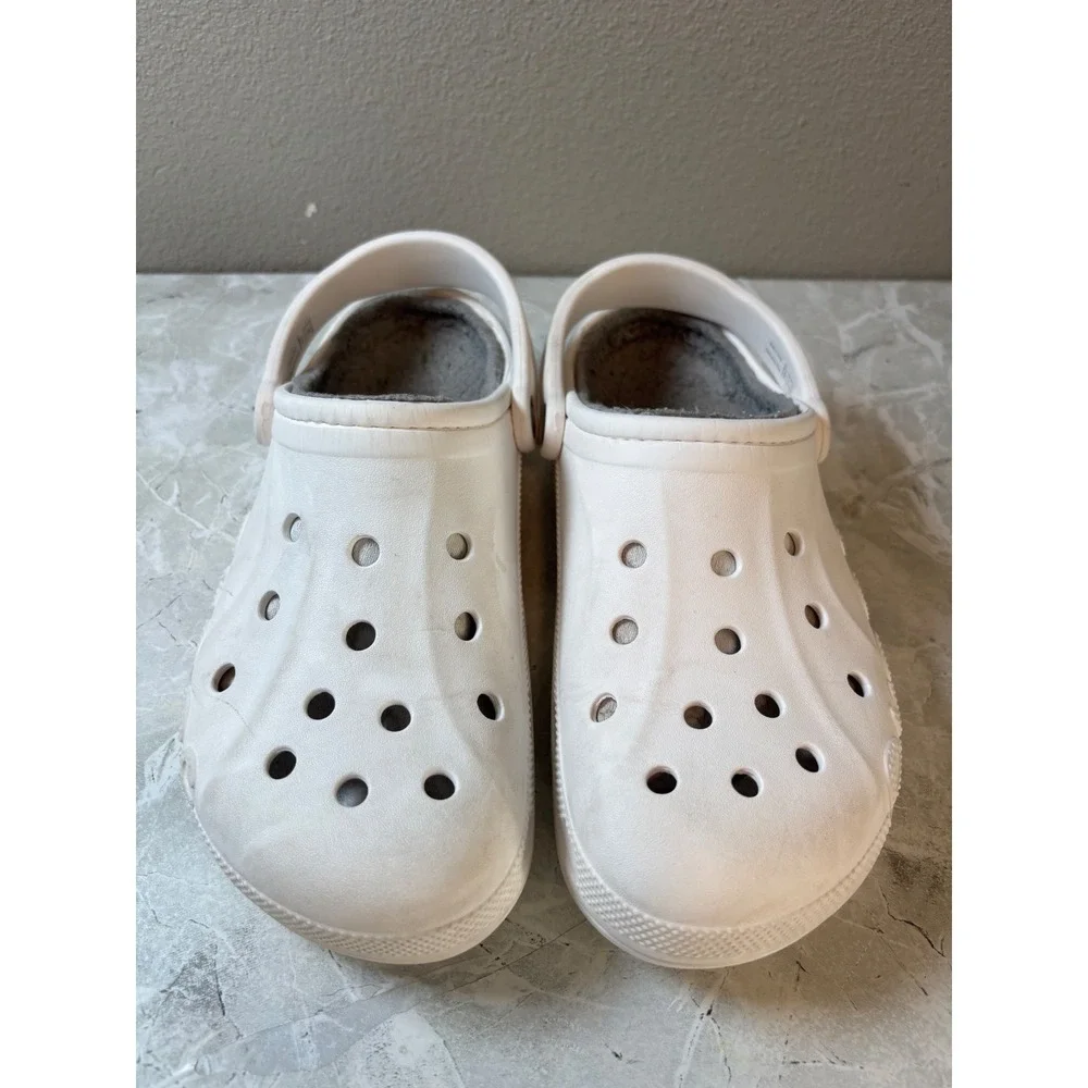 Crocs Baya Lined Clogs Mens Size 9 White Grey Fleece Insulated Slip On Shoes